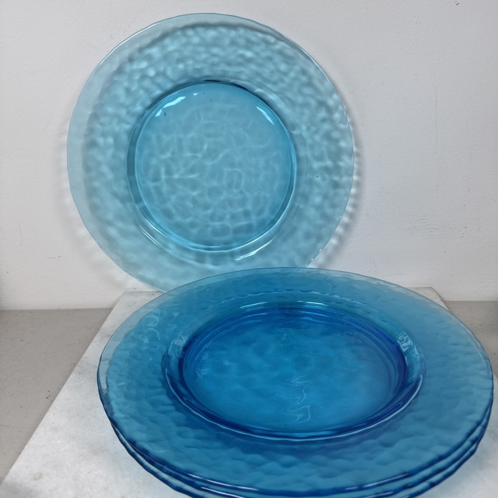 4 Bormioli Rocco Palatina Hammered Glass AZUR BLUE Dinner Plates 9.75"